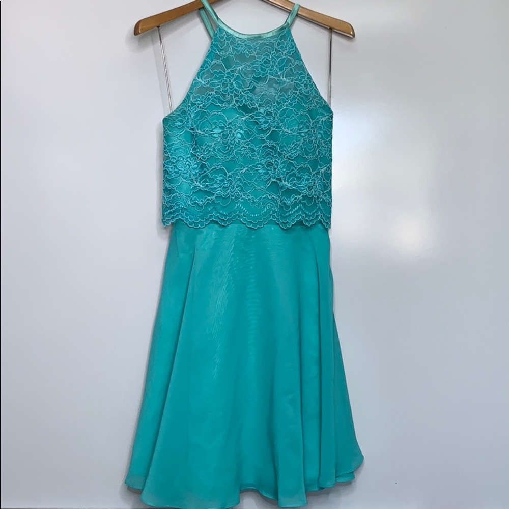 ADAS BRIDAL • Halter Lace Bodice Teal Flare Dress